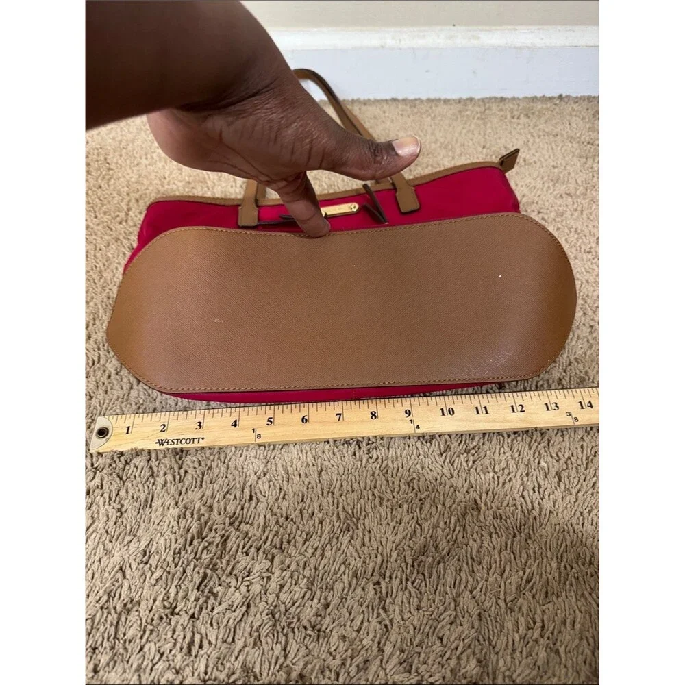Michael Kors Kempton Nylon Tote Red Tan Leather Trim Travel Casual Contemporary